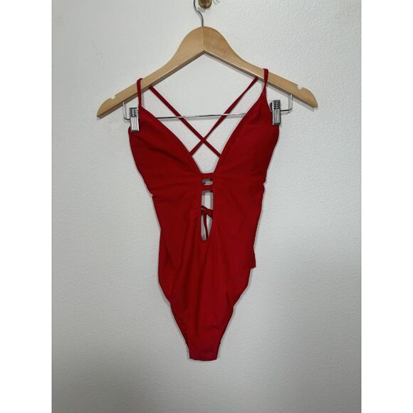 Abercrombie & Fitch One Piece swimsuit size medium red strappy sexy lifeguard - Picture 2 of 4